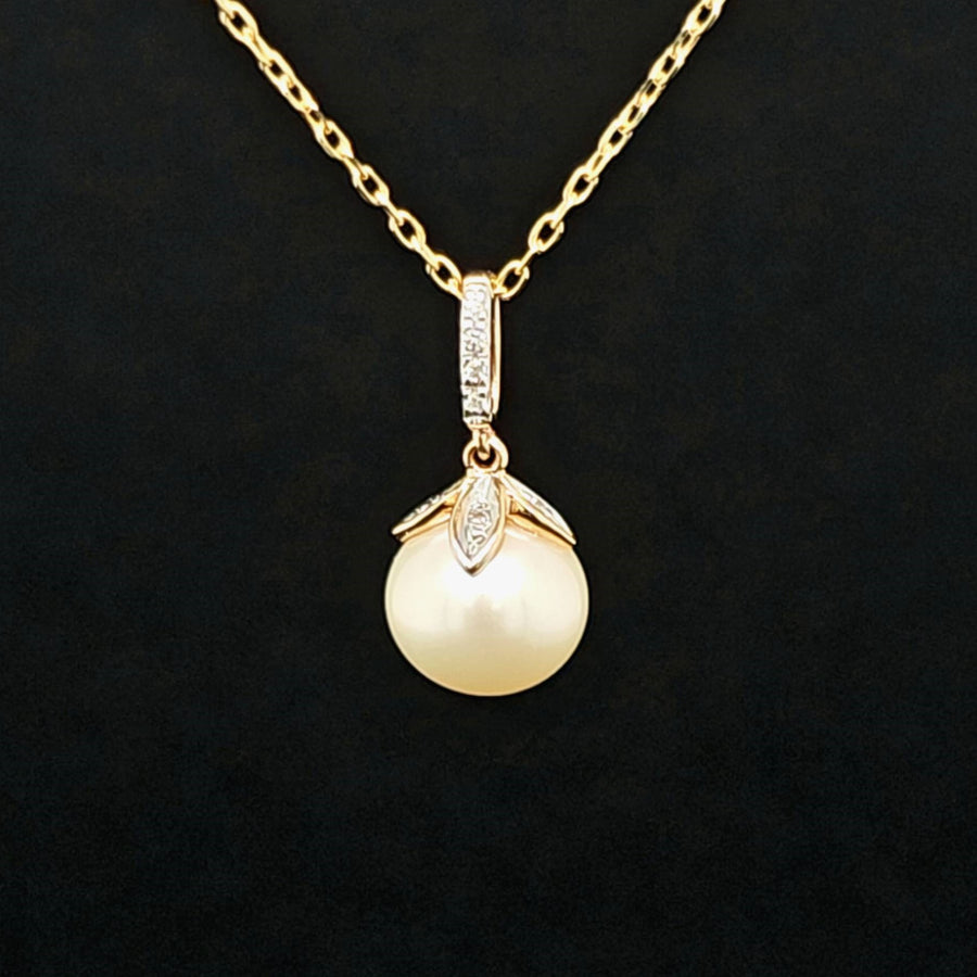 Freshwater Pearl & Diamond Pendant – 14k Rose Gold – 8mm