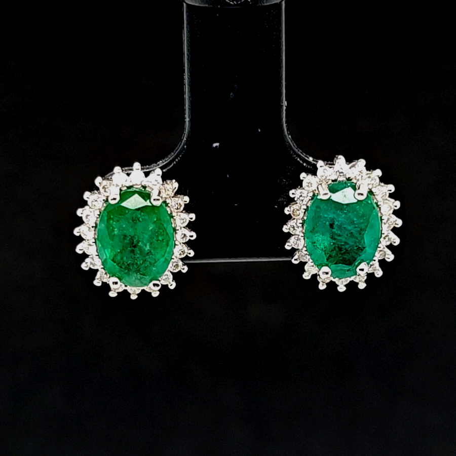 2.46 Ct Emerald & Diamond Earrings in 14K White Gold