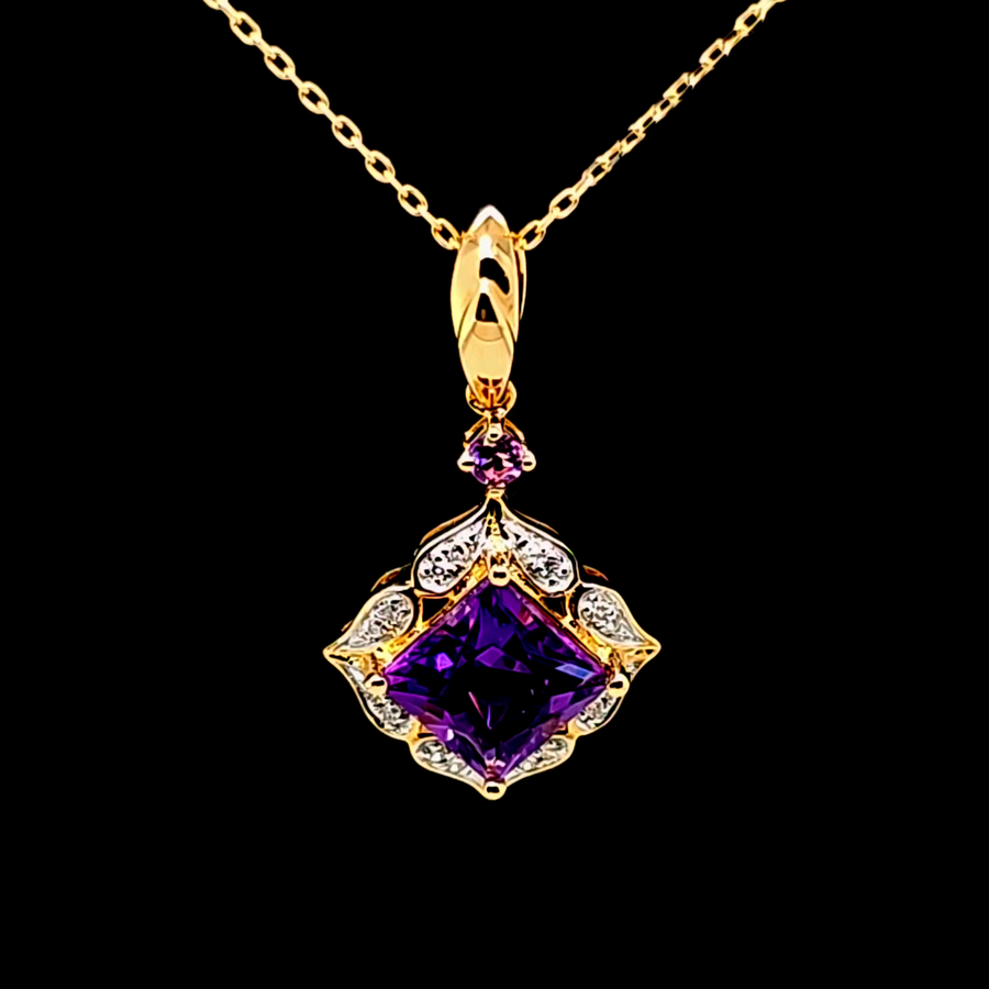 1.09 Ct Amethyst and Diamond Pendant – 14K Gold – 20.97 x 11.91mm