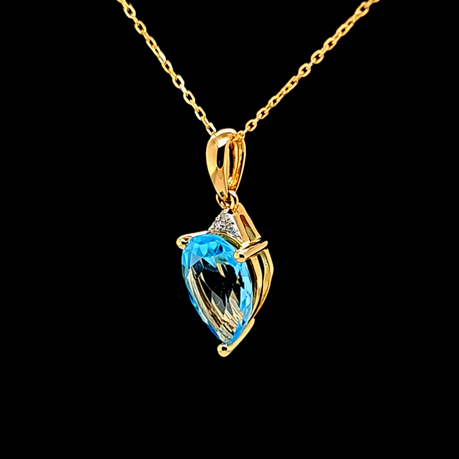 2.36 Ct Swiss Blue Topaz & Diamond Pendant – 14K Gold – 19.27 x 6.96mm