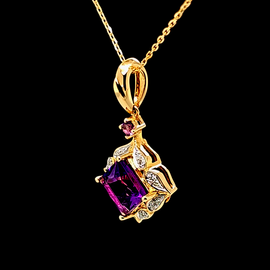 1.09 Ct Amethyst and Diamond Pendant – 14K Gold – 20.97 x 11.91mm