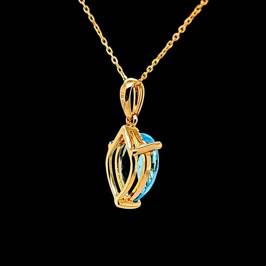 2.36 Ct Swiss Blue Topaz & Diamond Pendant – 14K Gold – 19.27 x 6.96mm