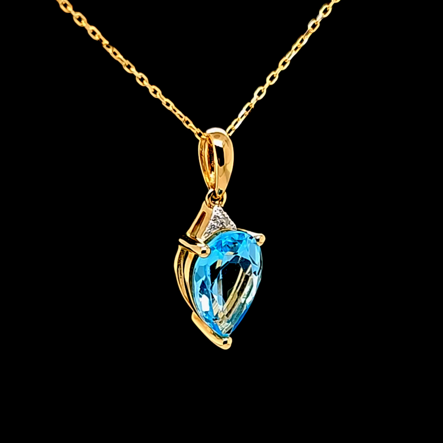 2.36 Ct Swiss Blue Topaz & Diamond Pendant – 14K Gold – 19.27 x 6.96mm