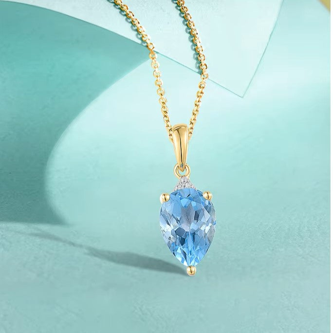 2.36 Ct Swiss Blue Topaz & Diamond Pendant – 14K Gold – 19.27 x 6.96mm