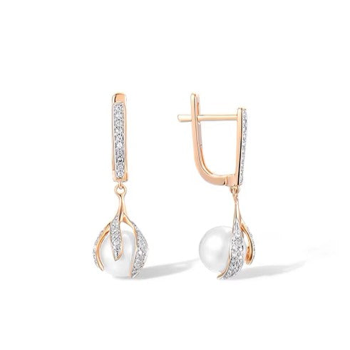 5.19 Ct Pearl & Diamond Earrings in 14K Rose Gold