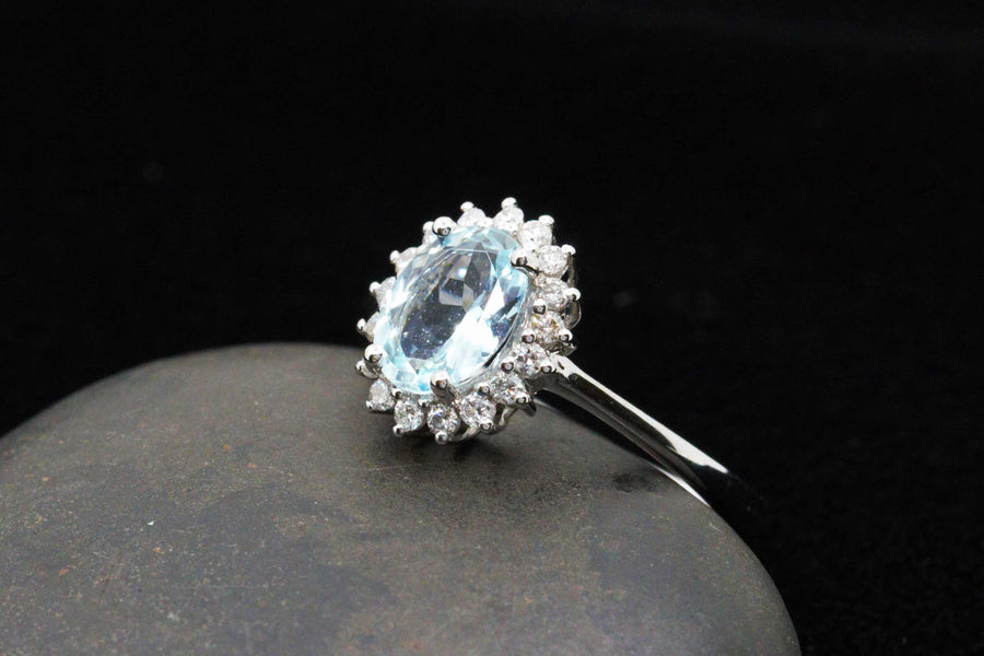 2.29 Ctw Aquamarine & Diamond Engagement Halo Ring in 14K White Gold