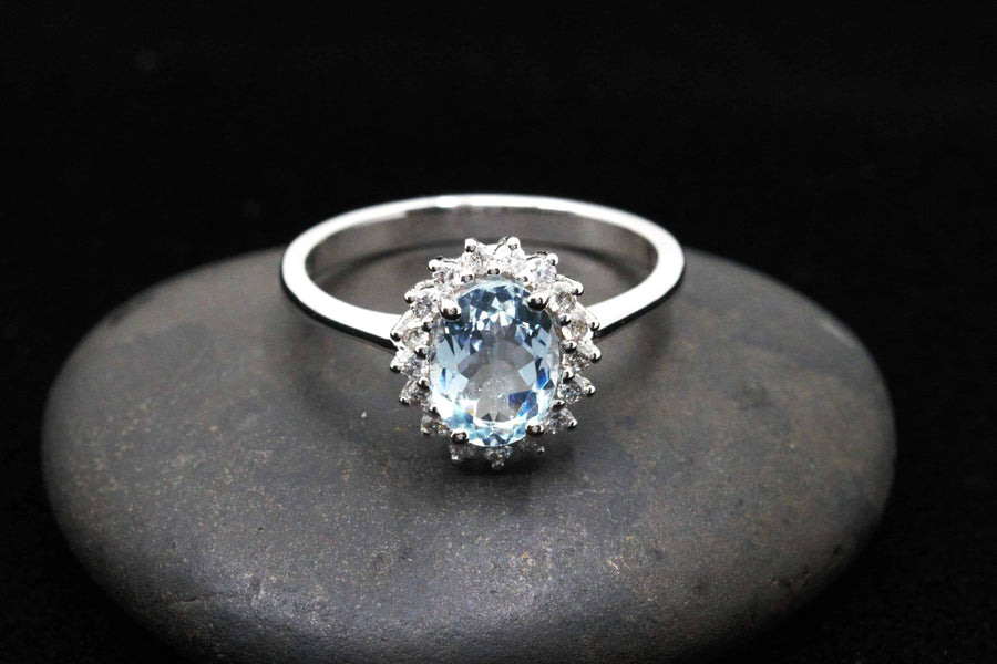 2.29 Ctw Aquamarine & Diamond Engagement Halo Ring in 14K White Gold