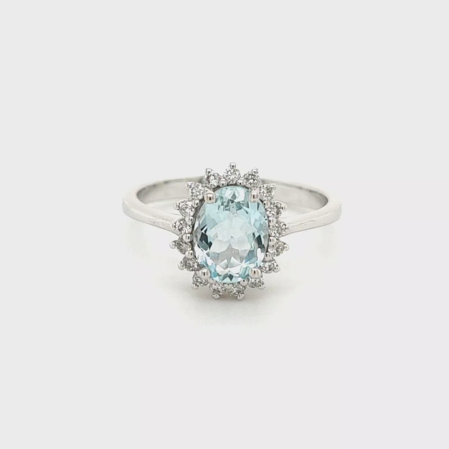 2.29 Ctw Aquamarine & Diamond Engagement Halo Ring in 14K White Gold