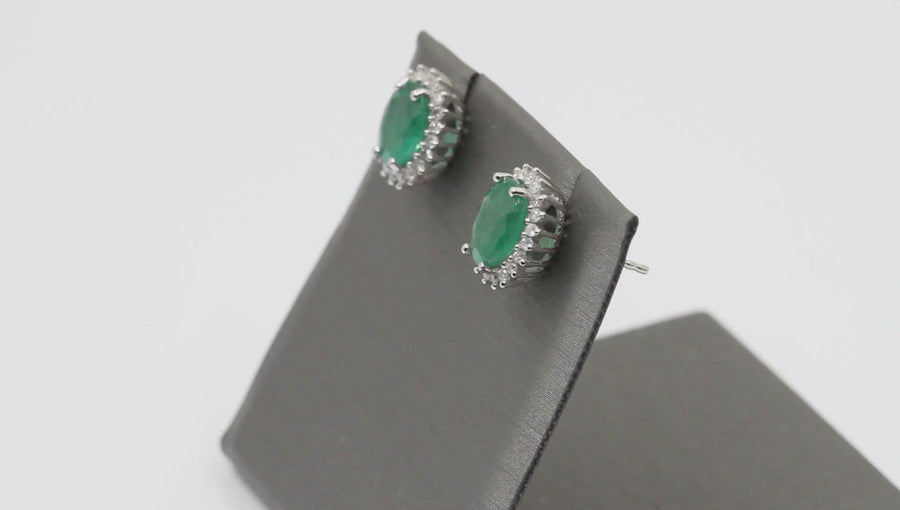 2.46 Ctw Natural Zambian Emerald and Diamond Earrings in 14K White Gold