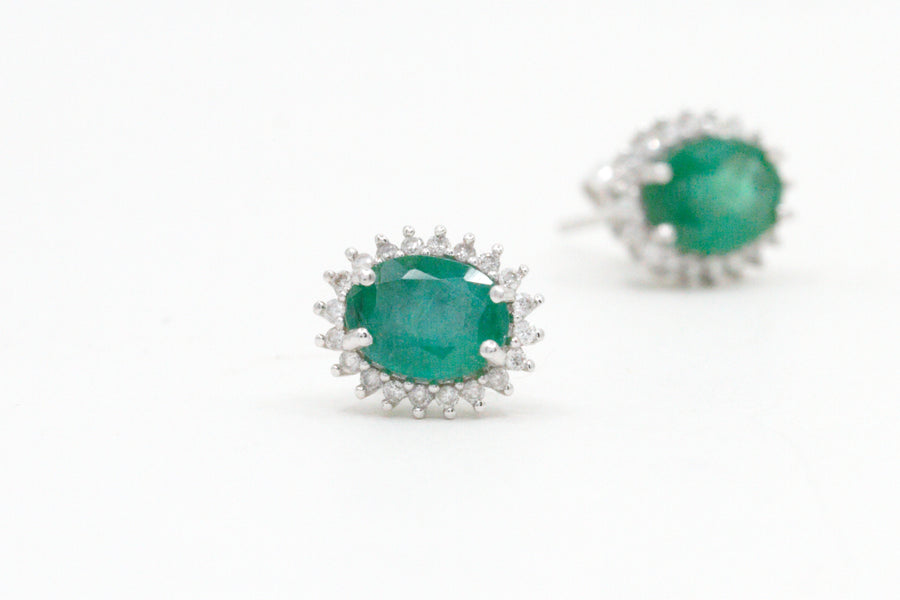 2.46 Ctw Natural Zambian Emerald and Diamond Earrings in 14K White Gold