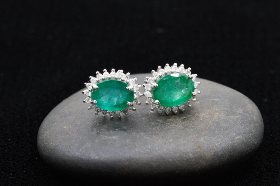 2.46 Ctw Natural Zambian Emerald and Diamond Earrings in 14K White Gold