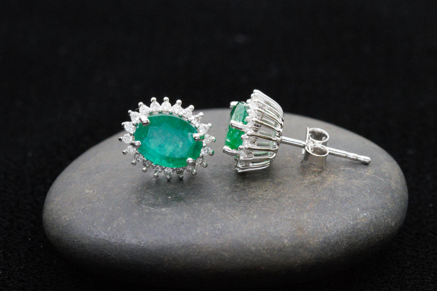 2.46 Ctw Natural Zambian Emerald and Diamond Earrings in 14K White Gold