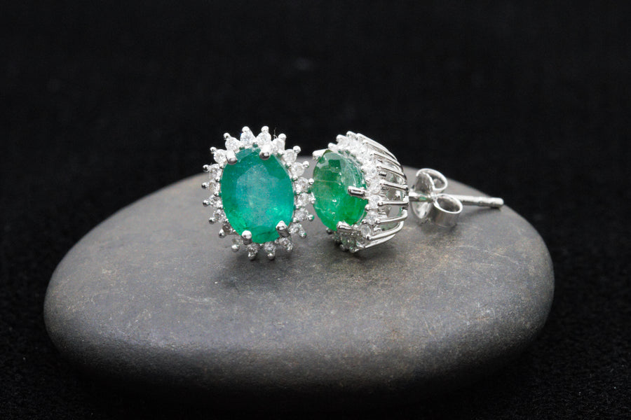 2.46 Ctw Natural Zambian Emerald and Diamond Earrings in 14K White Gold