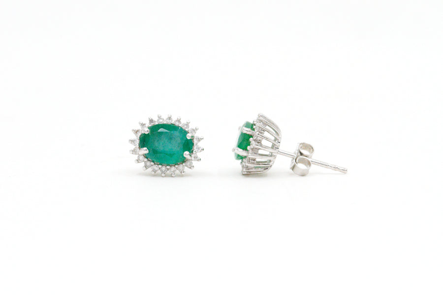 2.46 Ctw Natural Zambian Emerald and Diamond Earrings in 14K White Gold