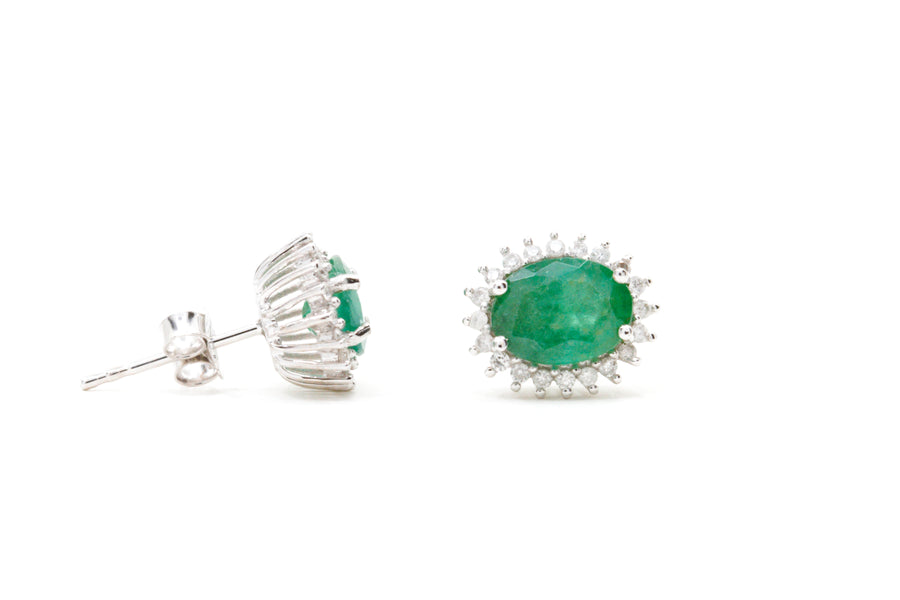 2.46 Ctw Natural Zambian Emerald and Diamond Earrings in 14K White Gold