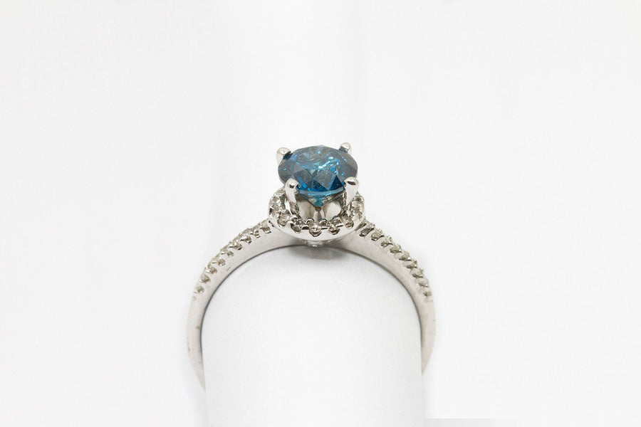 Blue Diamond halo gold ring - 10K White Gold - 1.20 Ctw