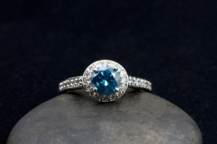 Blue Diamond halo gold ring 