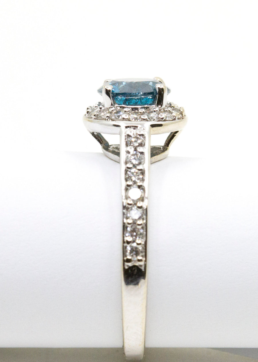 Blue Diamond halo gold ring - 10K White Gold - 1.45 Ctw