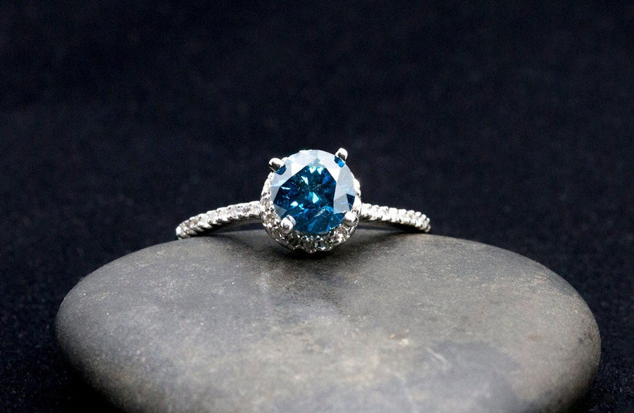 Blue Diamond halo gold ring
