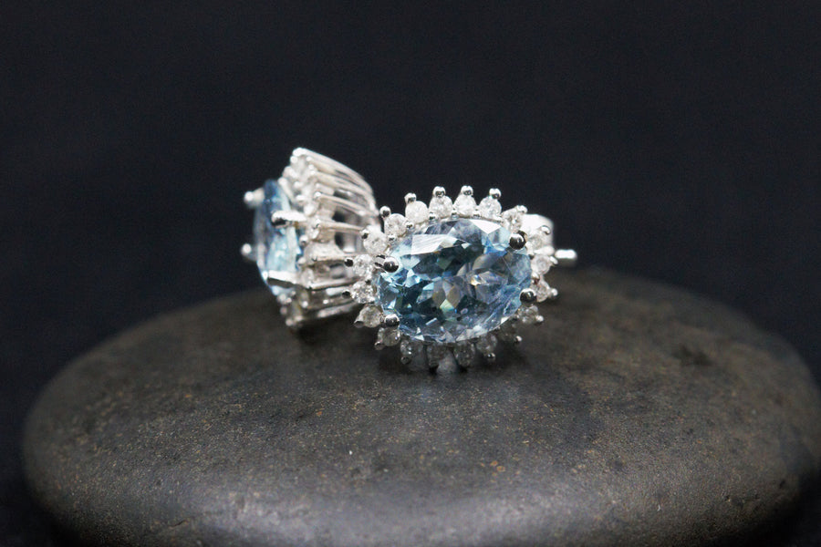 2.36 CTW Aquamarine and Diamond Halo Earrings in 14K White Gold