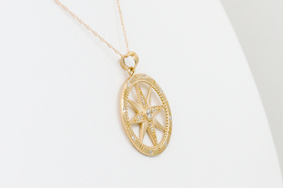 Diamond Compass Pendant in 14k Yellow Gold with Chain