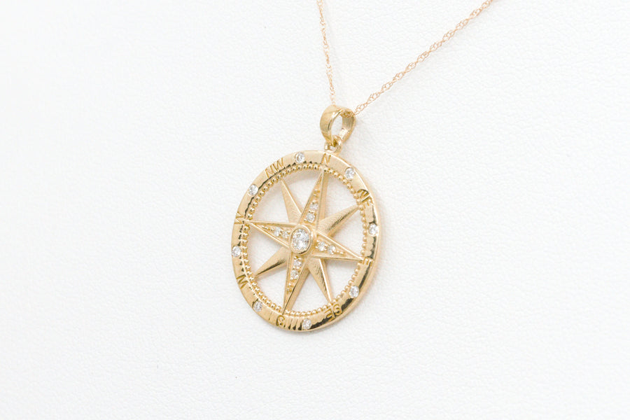 Diamond Compass Pendant in 14k Yellow Gold with Chain
