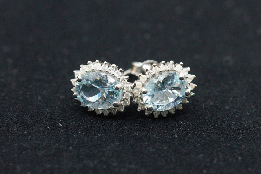 2.36 CTW Aquamarine and Diamond Halo Earrings in 14K White Gold