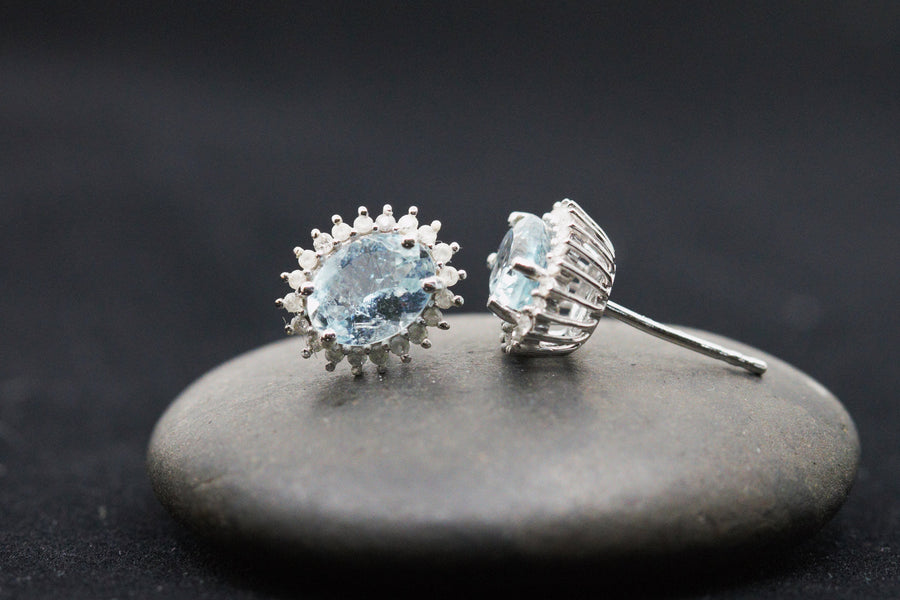 2.36 CTW Aquamarine and Diamond Halo Earrings in 14K White Gold